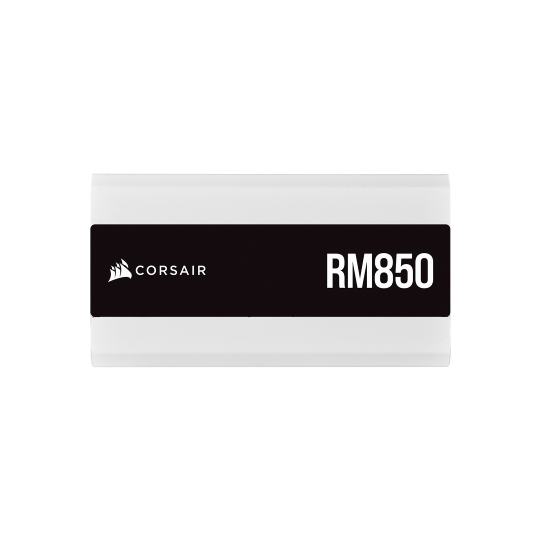 Una caja rectangular blanca con la etiqueta 'CORSAIR RM850' en negro, con el logotipo de Corsair.