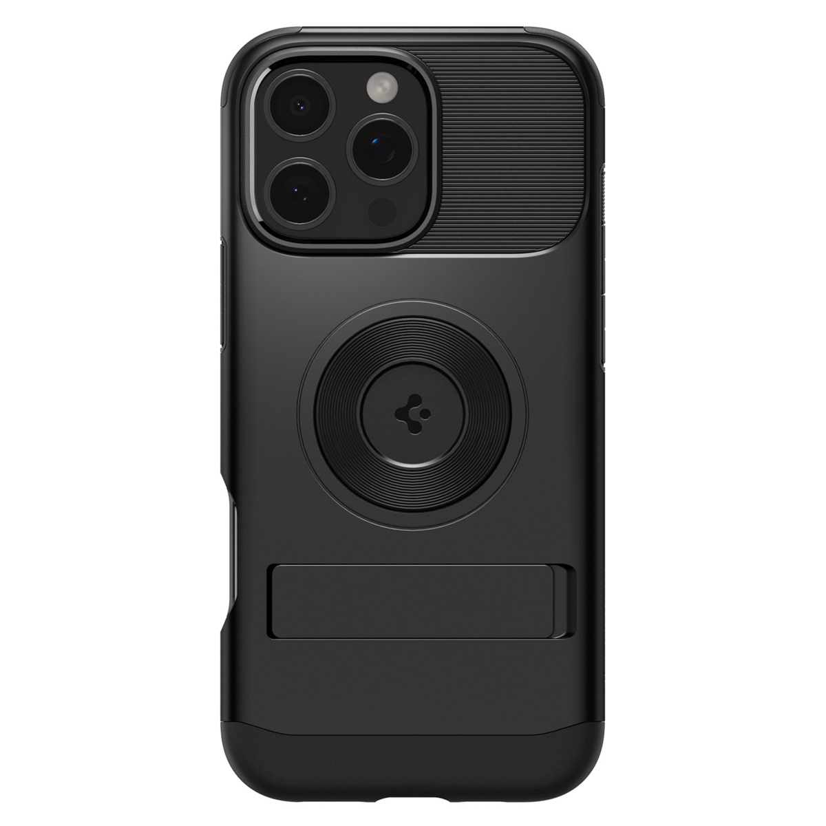 Zwarte telefoonhoes met drie lenzen. Het heeft een ingebouwde standaard aan de achterkant.