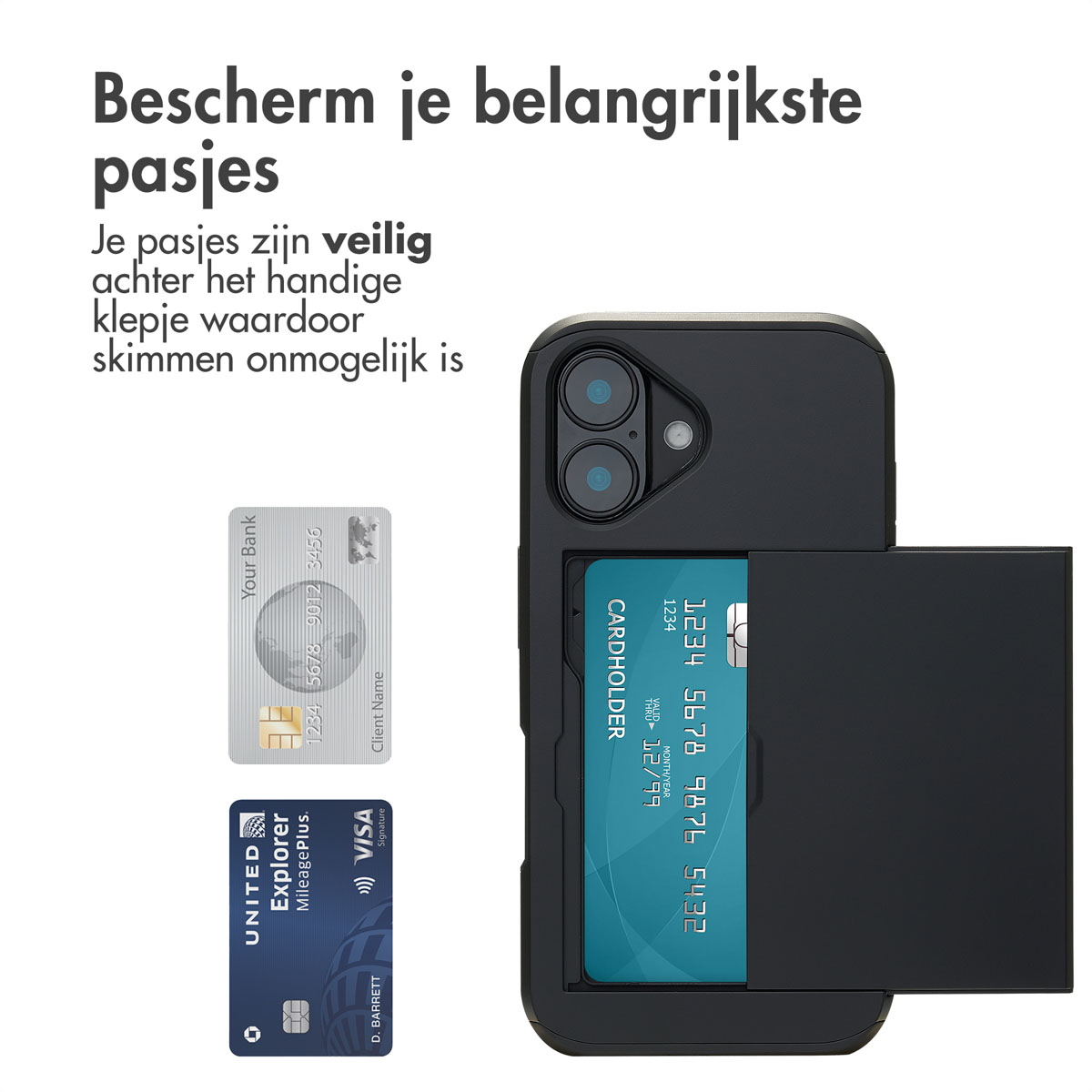 Een telefoonhoesje met creditcards. De hoes heeft een sleuf. Twee creditcards worden getoond.