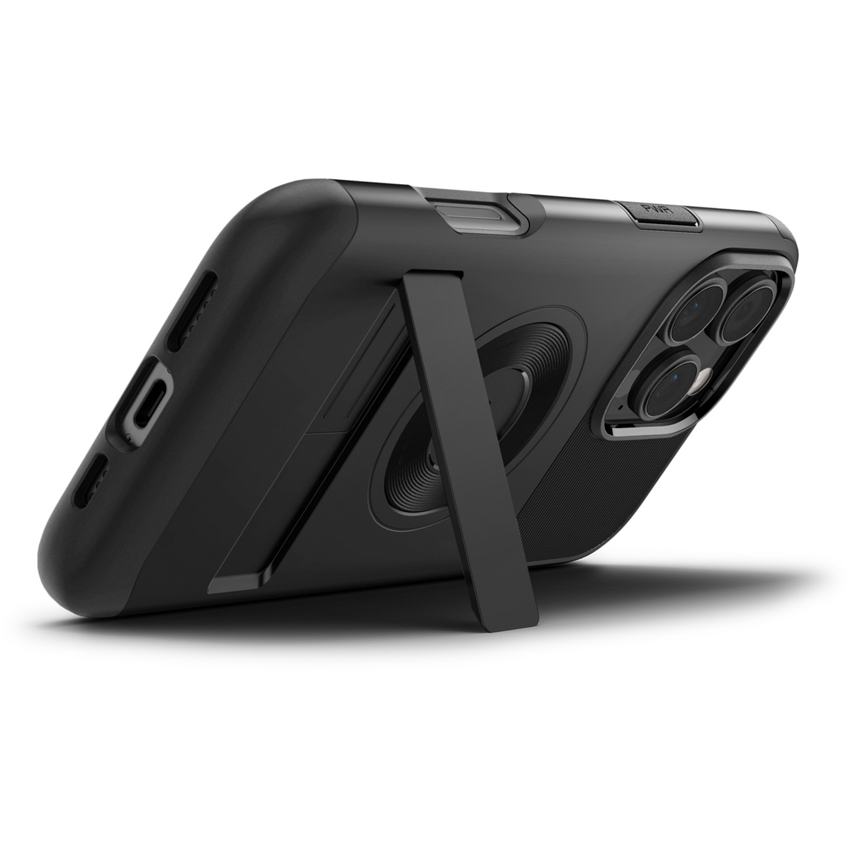 Zwarte telefoonhoes met standaard, schuine weergave. Toont de camera en standaard.