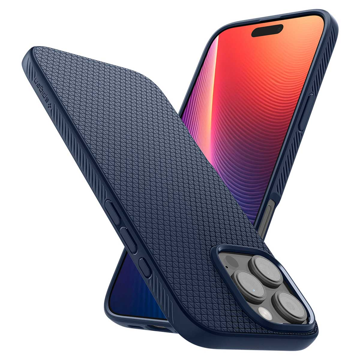 Custodia blu per telefono con design strutturato, telefono sullo sfondo.