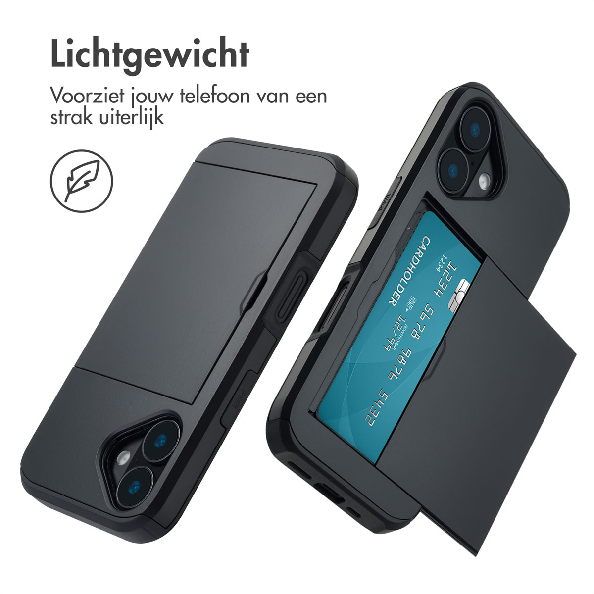 Zwart telefoonhoesje met een kaarthouder. Tekst: Lichtgewicht. Geeft je telefoon een strakke uitstraling.