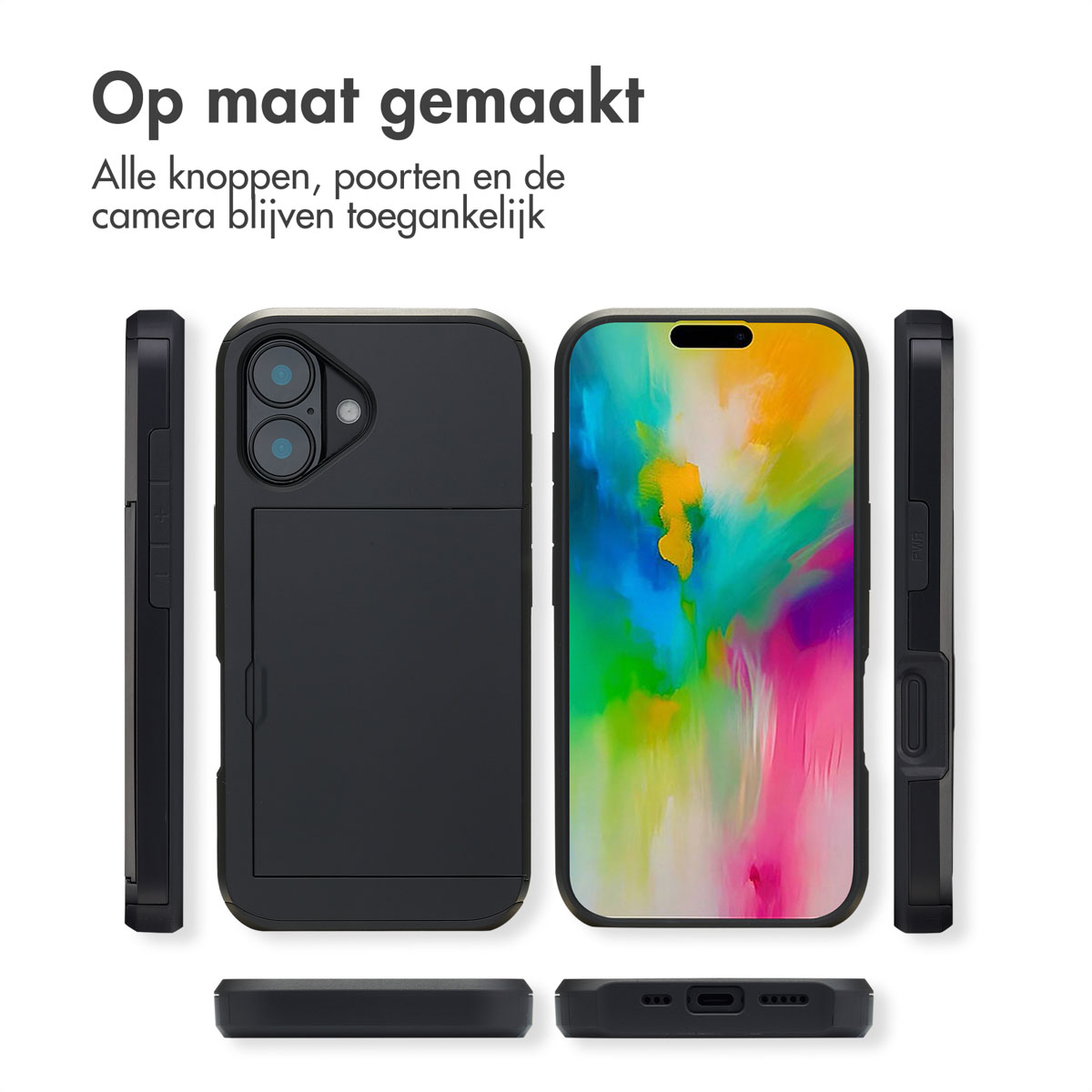 Zwart telefoonhoesje met kaarthouder, verschillende aanzichten. Tekst: Op maat gemaakt. Alle knoppen, poorten en camera blijven toegankelijk.