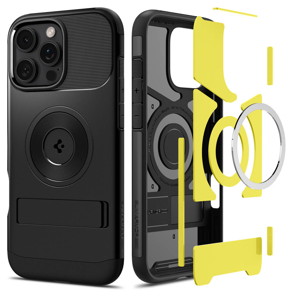 Zwarte telefoonhoes met gele accenten. Onderdelen gescheiden. MagSafe cirkel zichtbaar. Standaard inbegrepen.