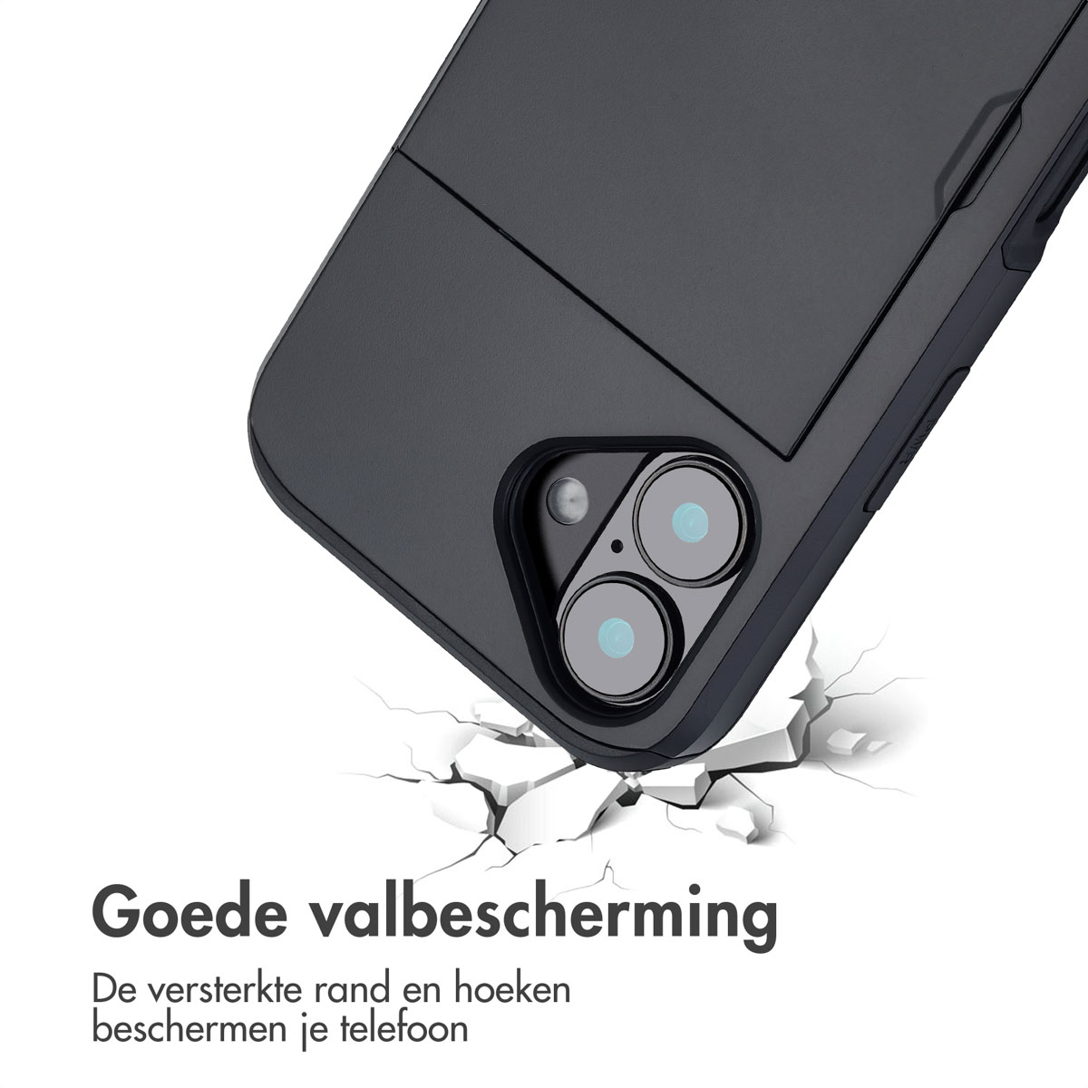 Een telefoonhoesje op gebarsten grond met de tekst 'Goede valbescherming' in het Nederlands.