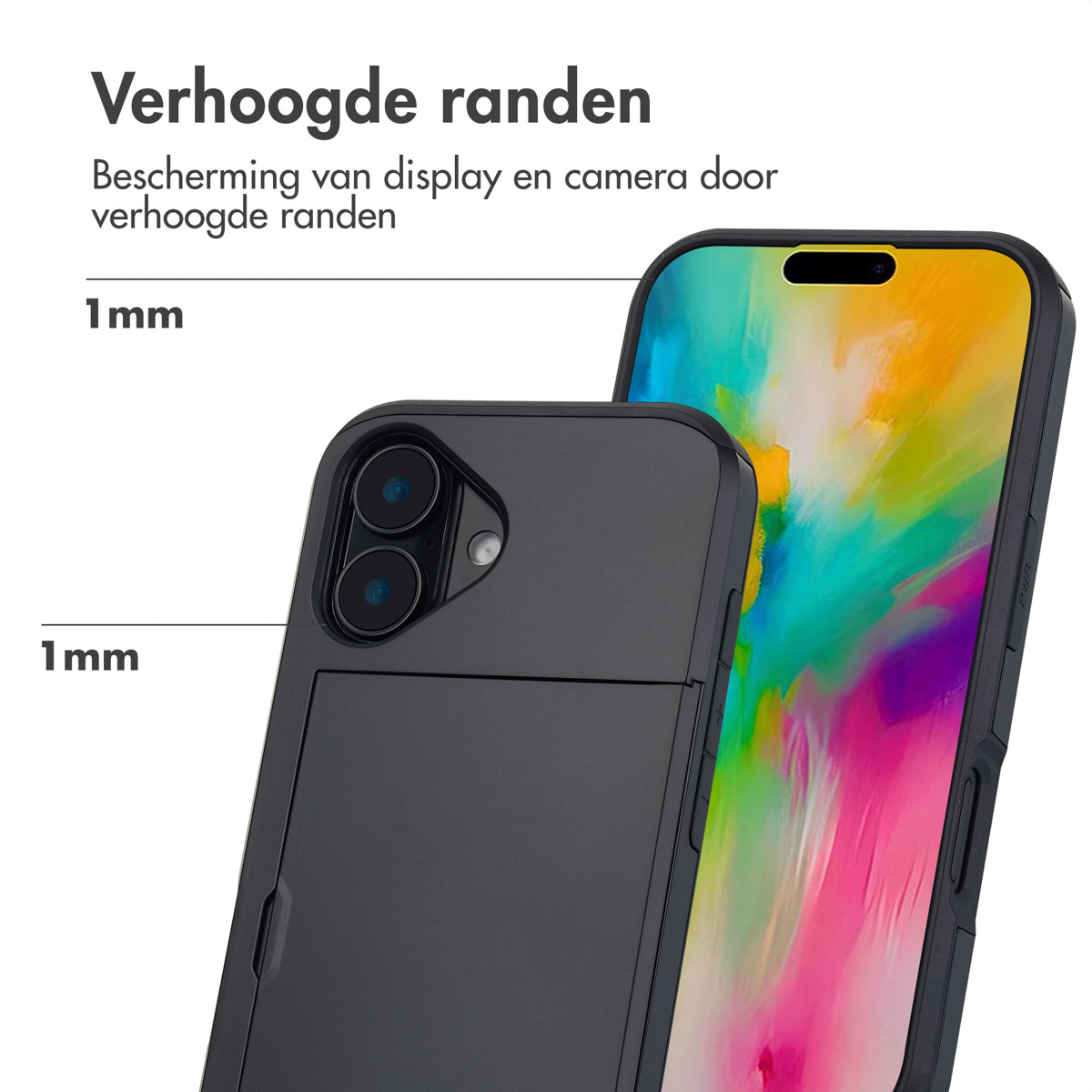 Telefoonhoesje met kaarthouder, met weergave van het scherm en de bescherming. Tekst: Verhoogde randen. Bescherming van display en camera.