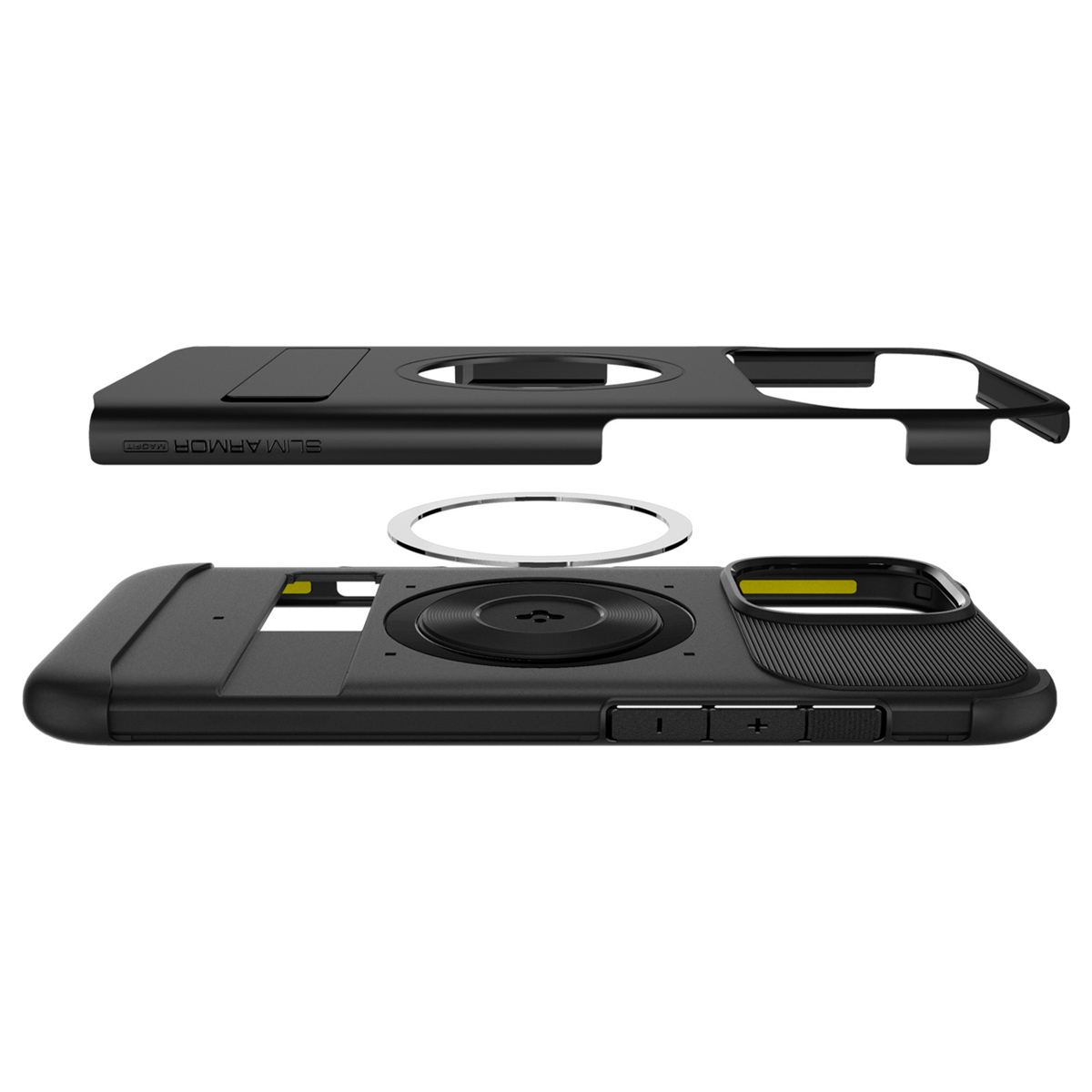 Zwarte telefoonhoes met componenten. Een ring en een apart frame zijn zichtbaar.