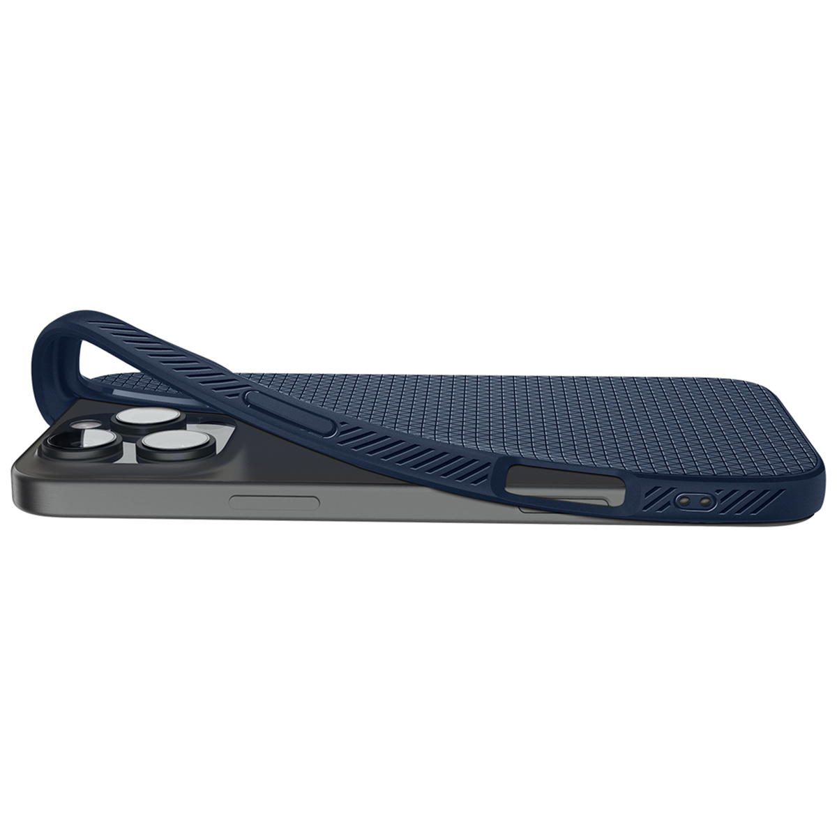 Custodia blu navy con motivo strutturato, che mostra l'interno.