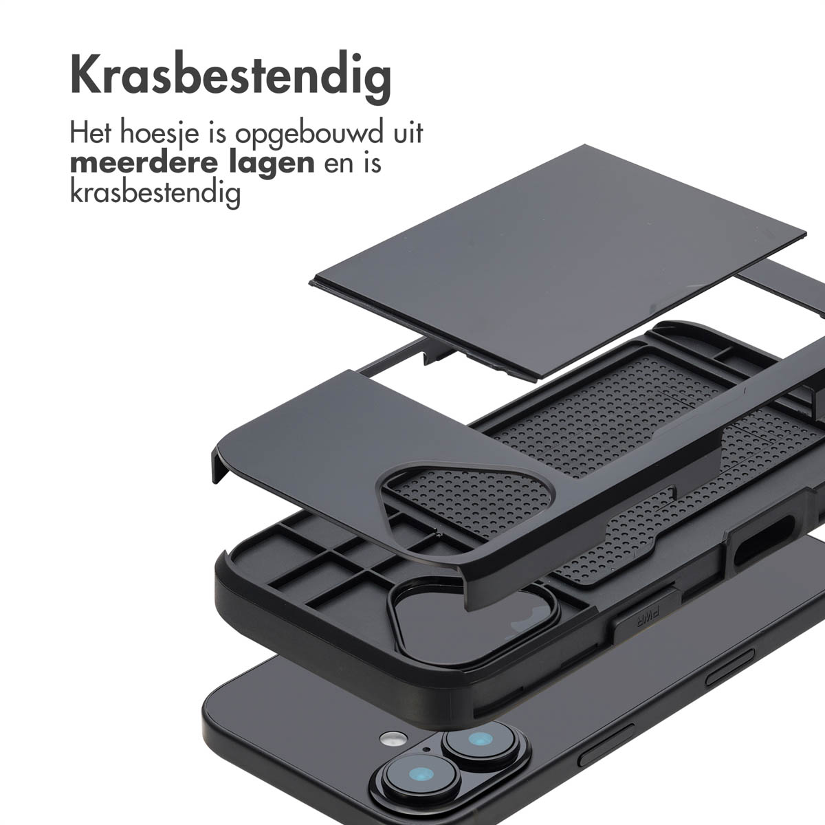 Telefoonhoesje met lagen weergegeven. Tekst: Krasbestendig. De hoes is opgebouwd uit meerdere lagen en is krasbestendig.