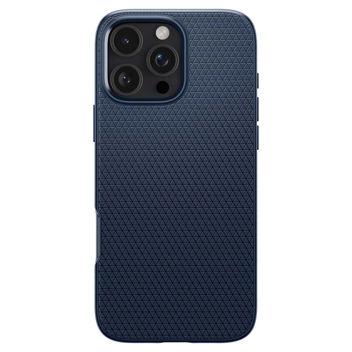 Custodia per telefono blu scuro con texture a motivi e tre obiettivi della fotocamera.