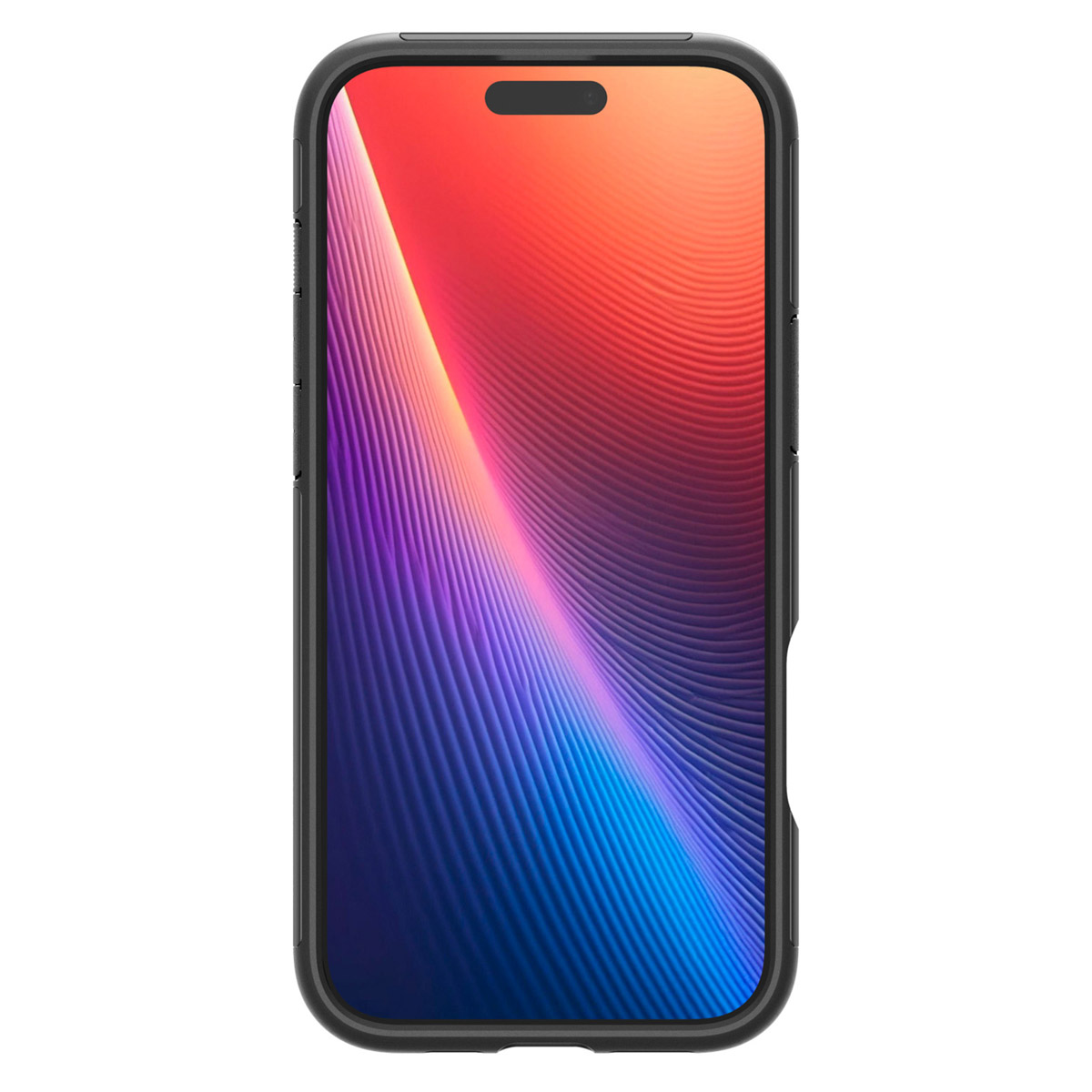 Zwarte smartphone in een hoesje, scherm toont een kleurrijk, abstract ontwerp.