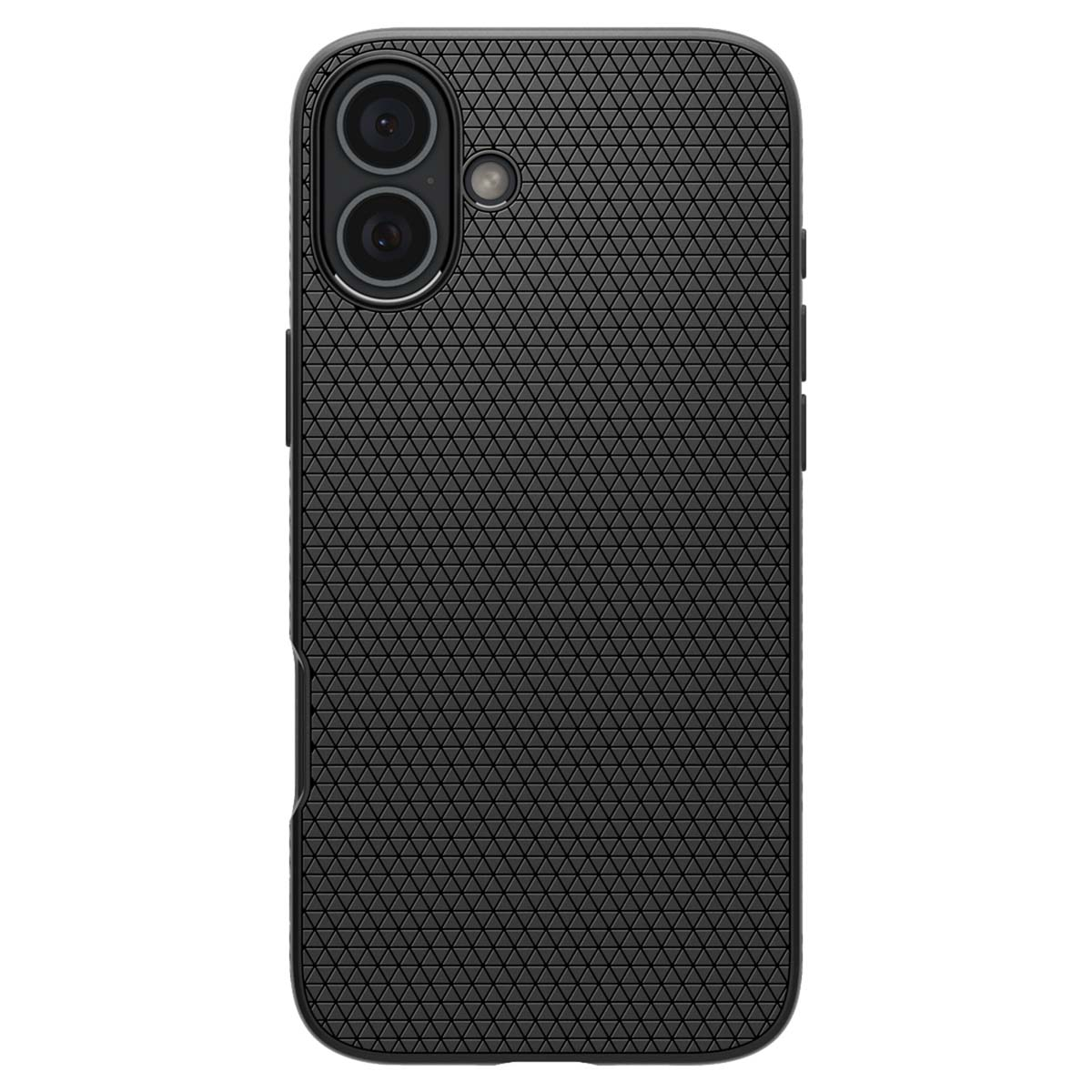 Zwarte telefoonhoes met getextureerde achterkant en dubbele camera, op witte achtergrond.