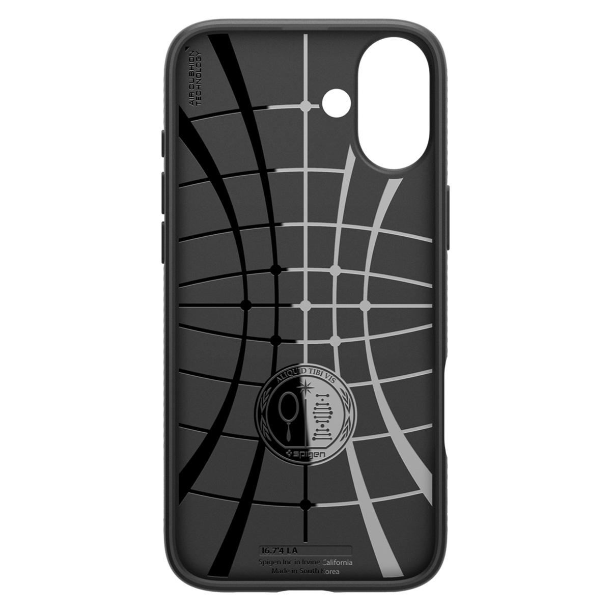 Zwarte telefoonhoes met rasterpatroon. Logo onderaan. Witte rasterlijnen.