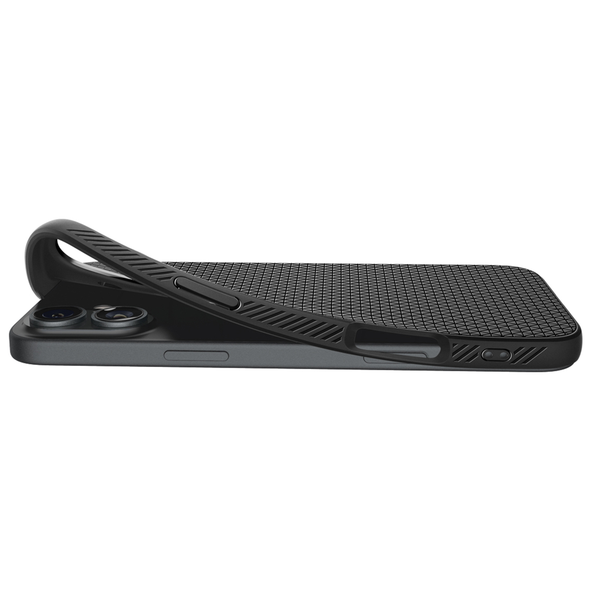 Zwarte telefoonhoes op een telefoon met een textuur grip.