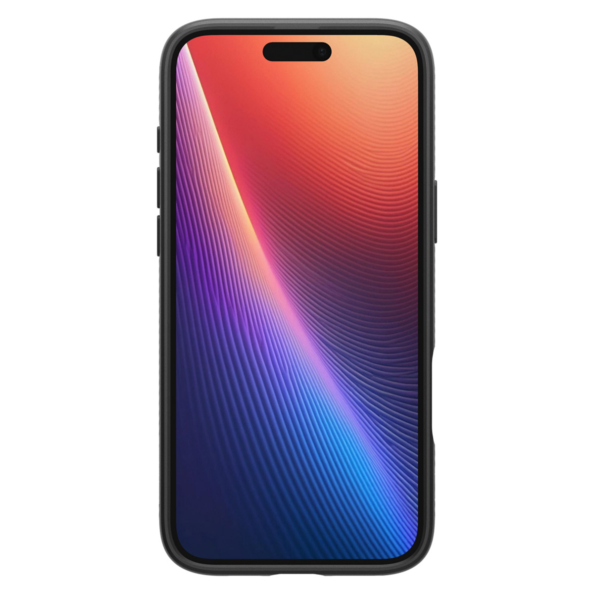 Telefoonhoes met een scherm dat kleurrijke golvende lijnen toont, zwart frame.