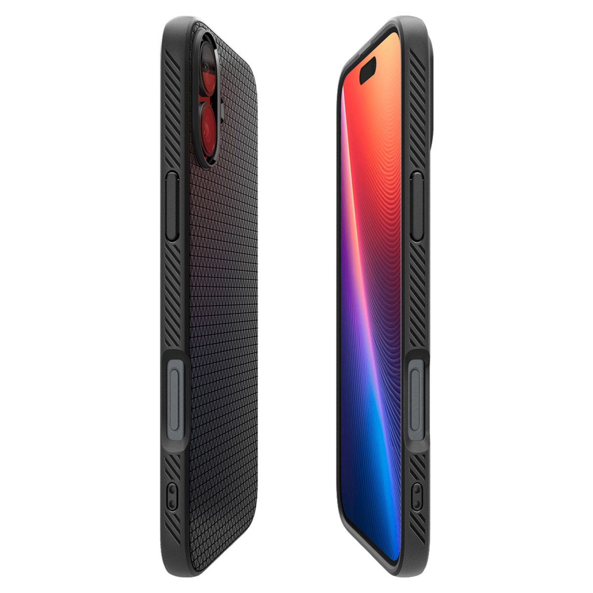 Twee zwarte telefoonhoesjes: één toont de voorkant, één de zijkant.
