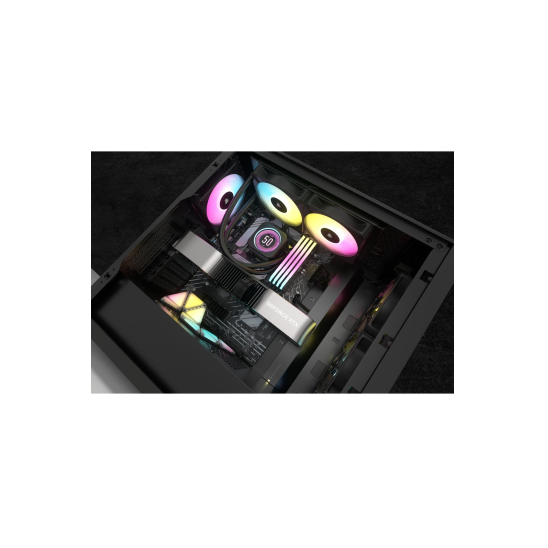 Componentes de computadora dentro de una caja negra. Ventiladores con luces coloridas, refrigeración líquida y GPU.