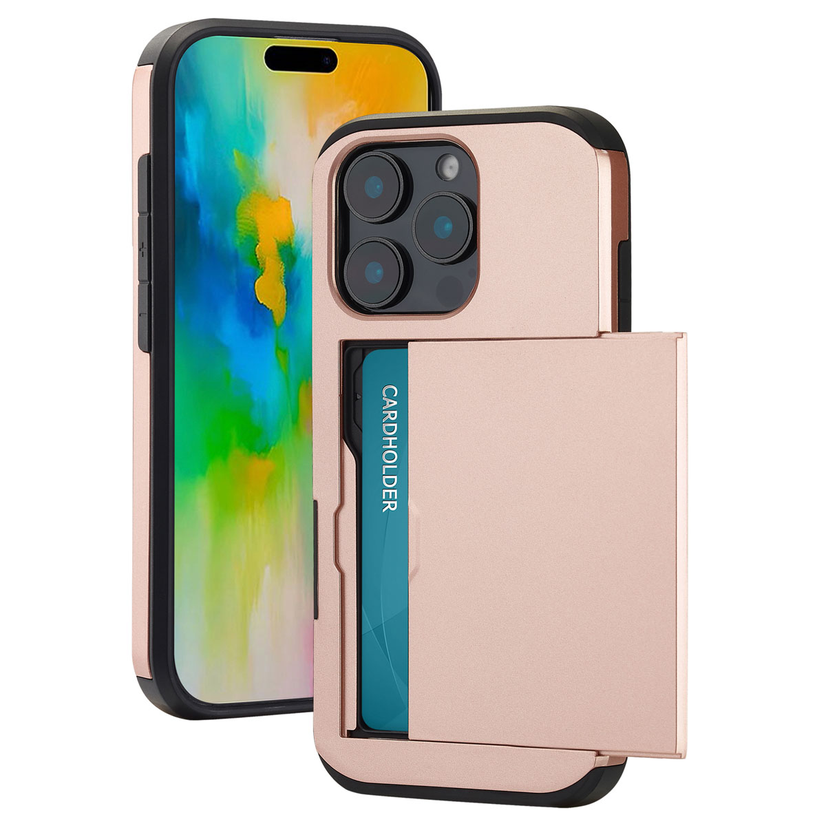 Roségouden telefoonhoesje met kaarthouder en een telefoon ernaast. Beide op een witte achtergrond.