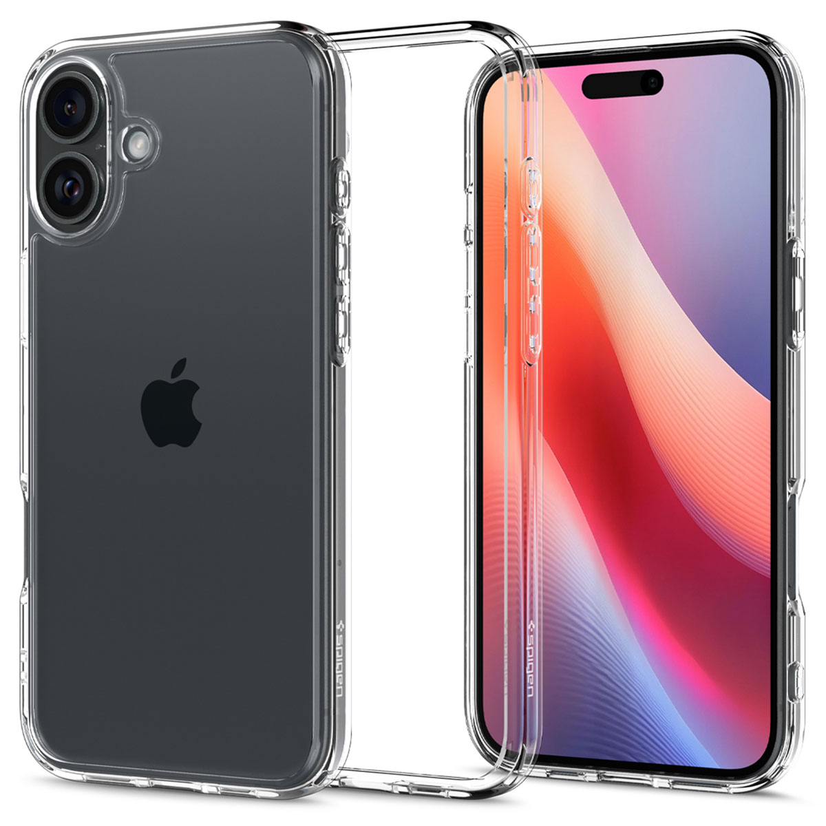 Custodia trasparente su iPhone, che mostra retro e schermo. Trasparente, protettiva.