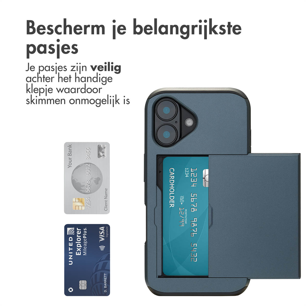 Een telefoonhoesje met kaarthouder. Het bevat creditcards. De kaarten zijn zichtbaar. De hoes is blauw.