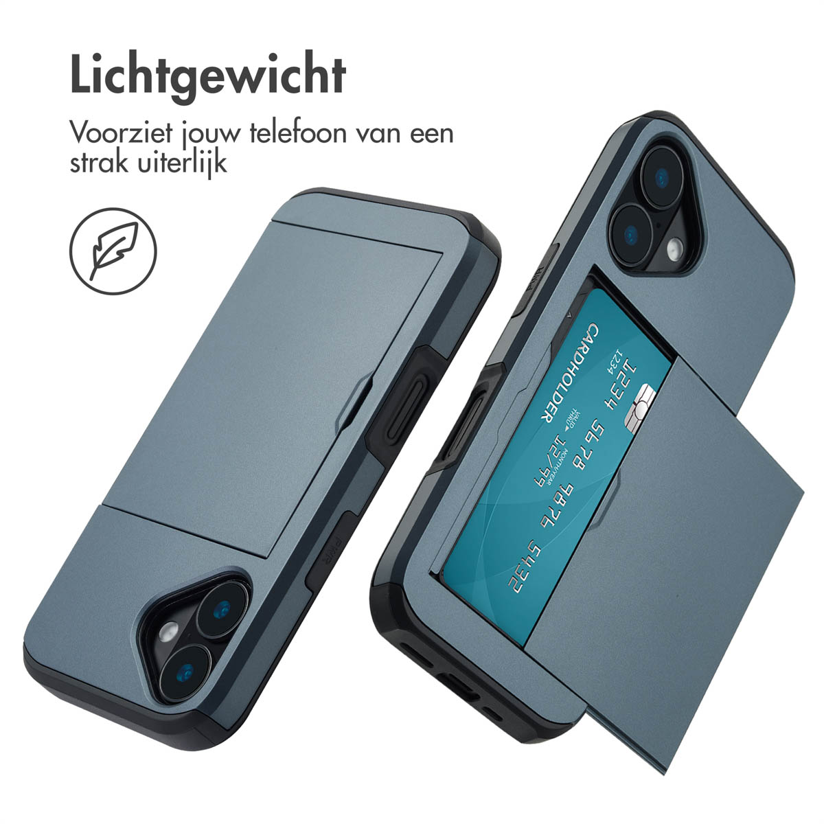 Twee blauwgrijze telefoonhoesjes met kaarthoudersleuven, een met een gedeeltelijk ingevoegde kaart, met de aanduiding kaarthouder.