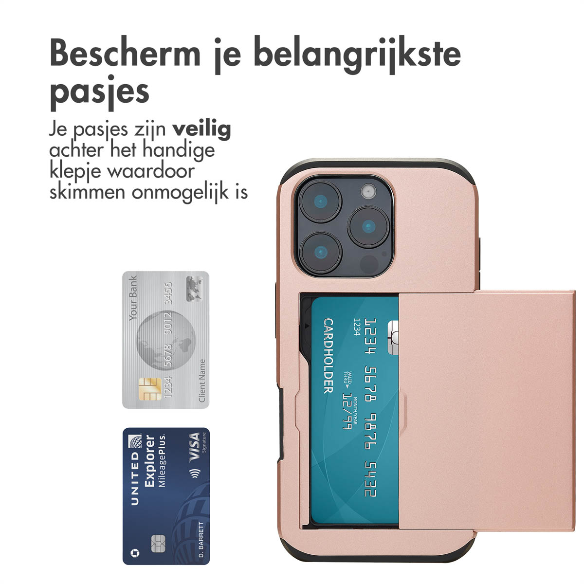 Een roségouden telefoonhoesje met een kaarthouder, open, met kaarten. Tekst in het Nederlands.