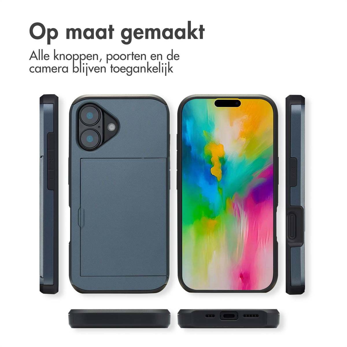 Telefoonhoesje met kaarthouder vanuit verschillende hoeken. Tekst: Op maat gemaakt. Alle knoppen, poorten en camera blijven toegankelijk.