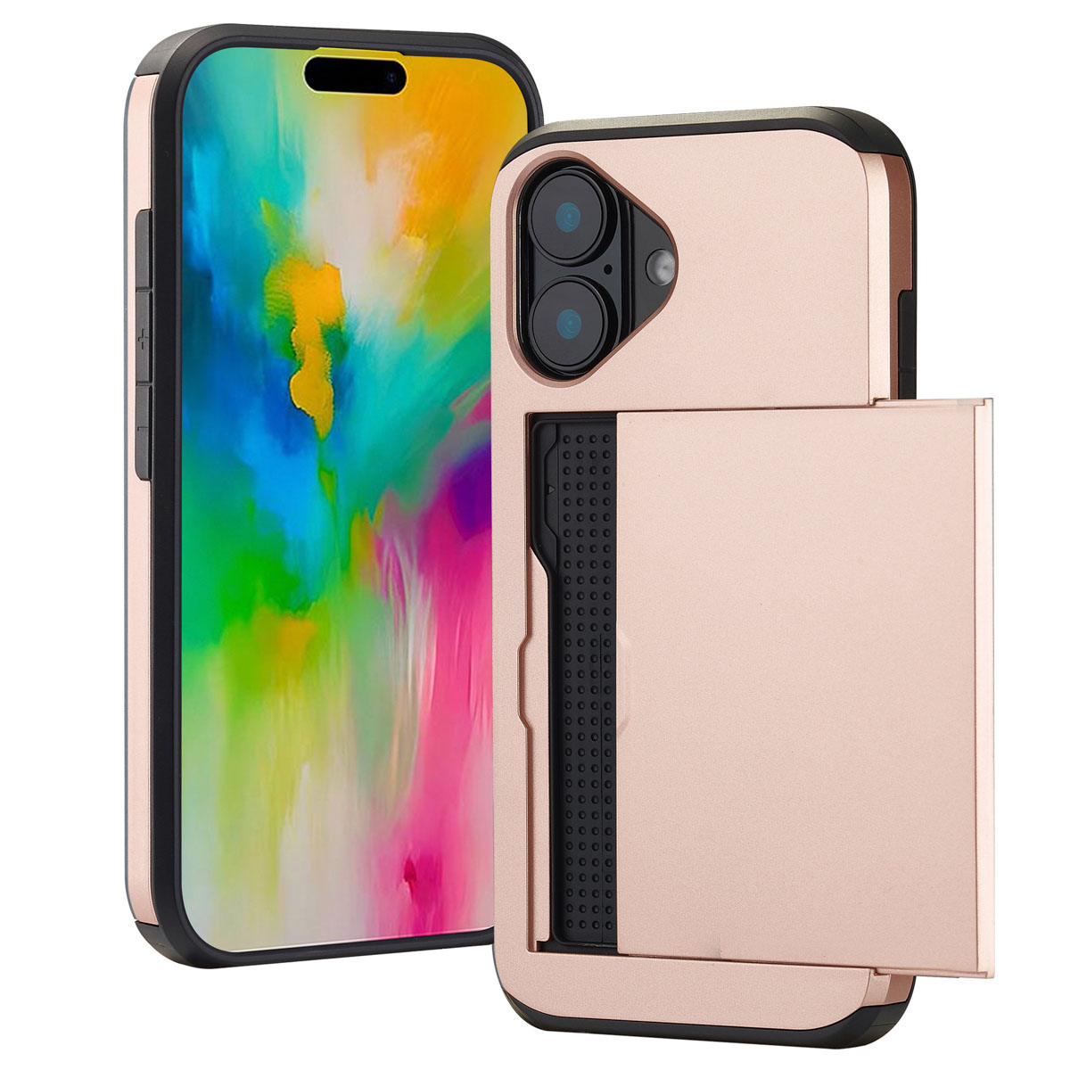 Roségouden telefoonhoesje met een telefoon en kaartsleuf. Zwarte camerabult. Witte achtergrond.