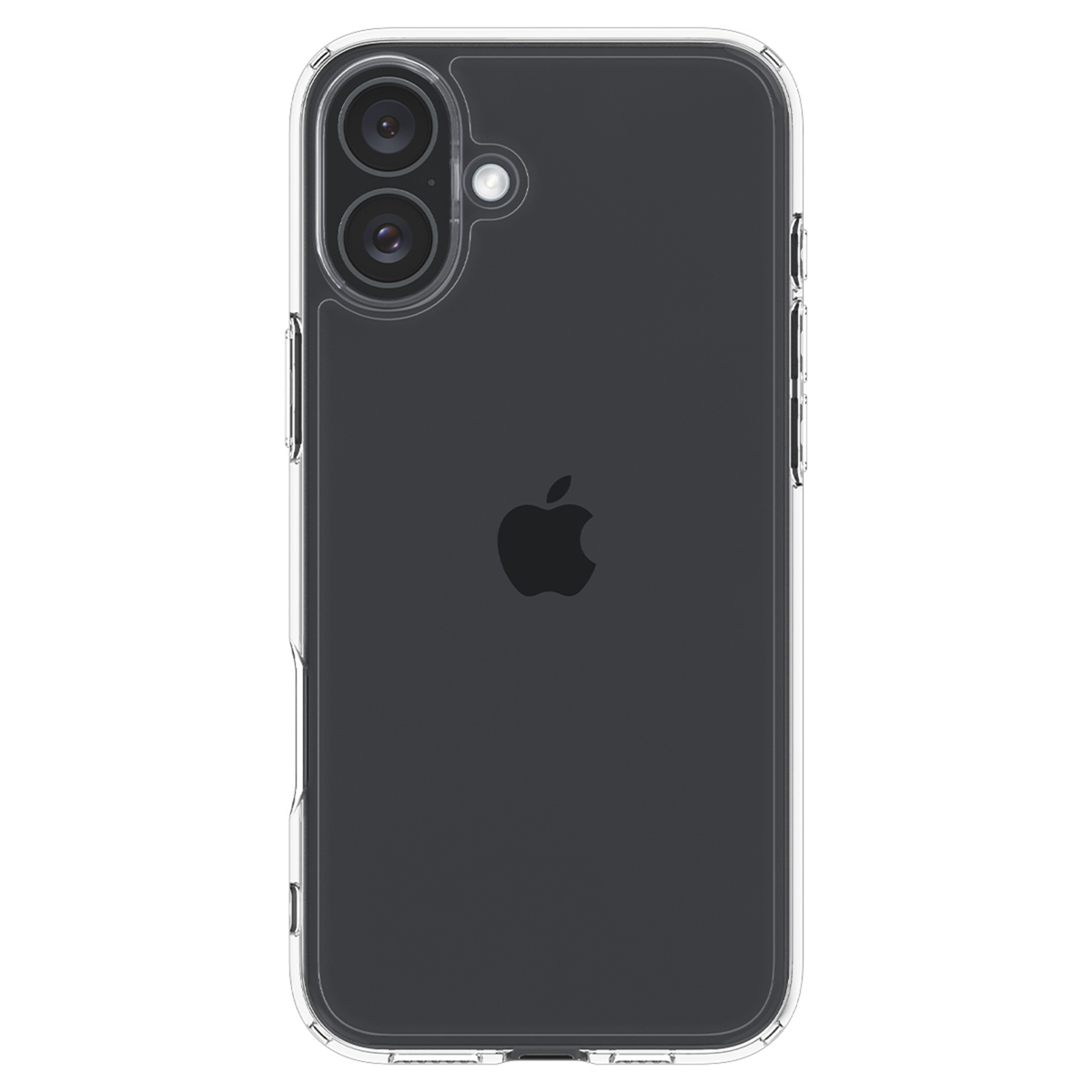 Una custodia trasparente per telefono su un telefono nero. Il telefono ha una fotocamera e un logo Apple.