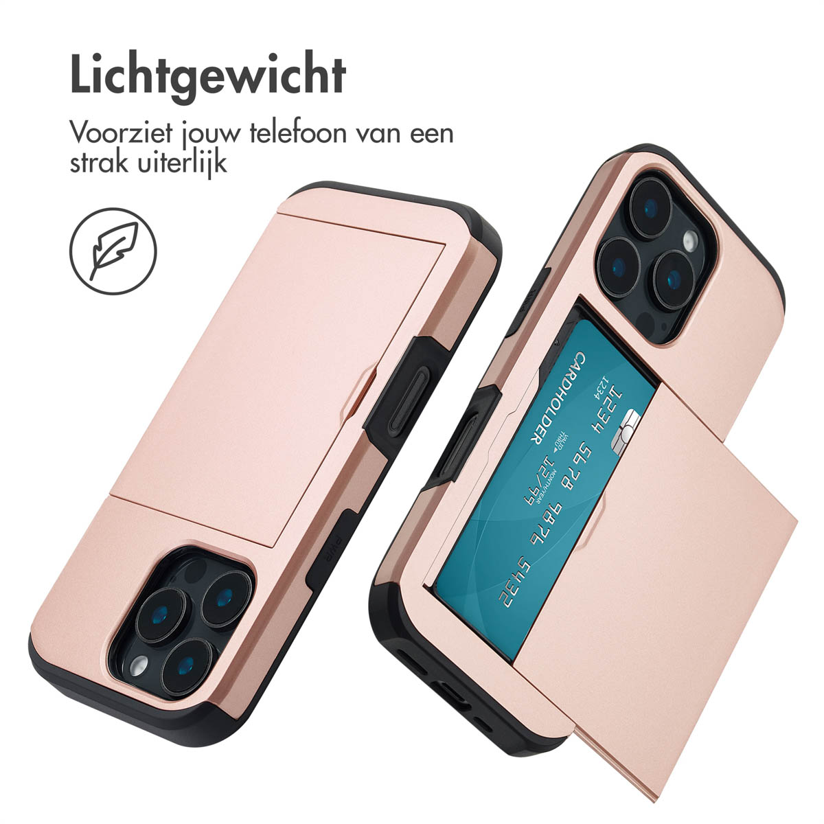Een roze telefoonhoesje met een kaarthouder, met een kaart erin.