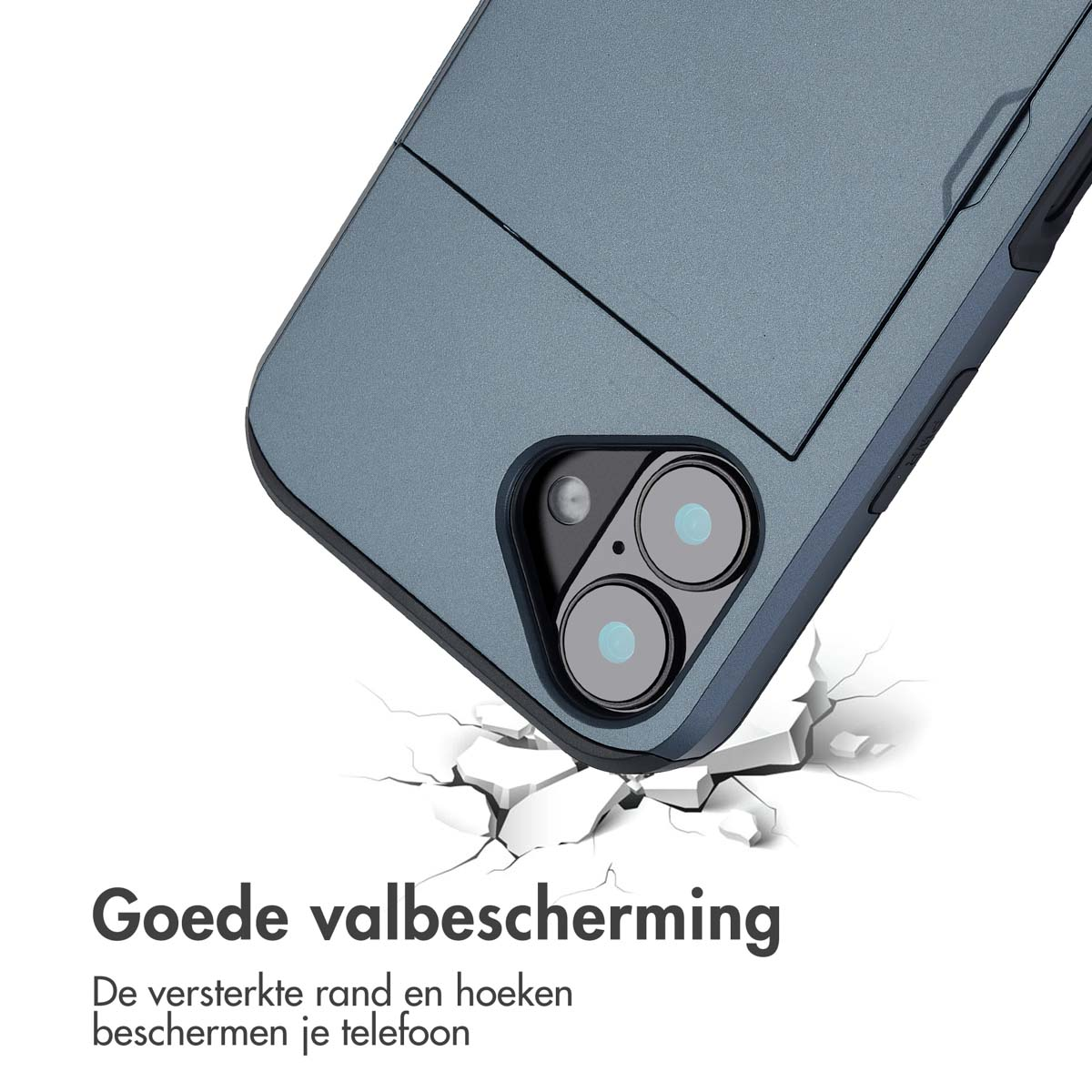 Een telefoonhoesje op een oppervlak, met een scheur eronder. Tekst zegt 'Goede valbescherming'.