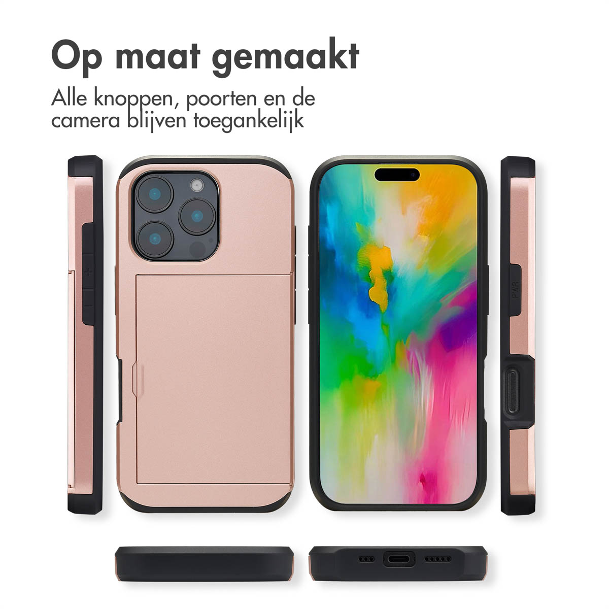 Roségouden telefoonhoesje met kaartsleuf, telefoon rechts.