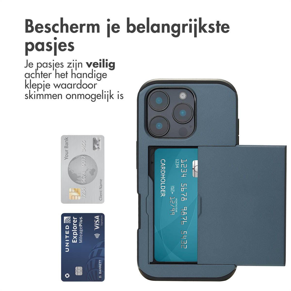 Un étui de téléphone avec porte-cartes et cartes de crédit. L'étui est bleu. Le fond est blanc.