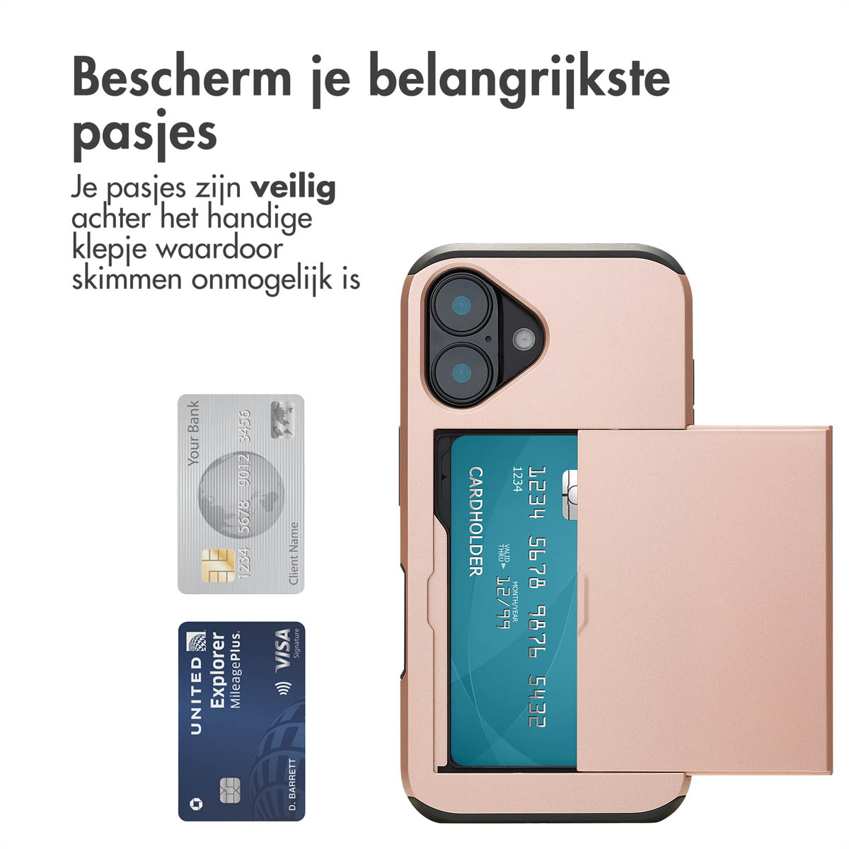 Portemonneehoes met kaarten. Twee kaarten zijn zichtbaar. Tekstoverlay.