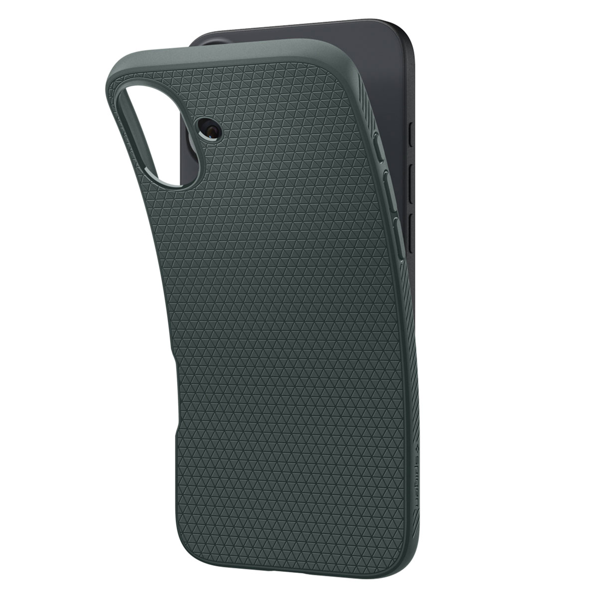 Dark green phone case on a white background. Textured surface. Phone angled slightly.