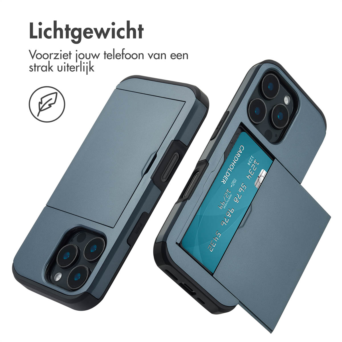 Deux étuis de téléphone avec fentes pour cartes. Étuis bleus avec un porte-cartes qui s'ouvre.