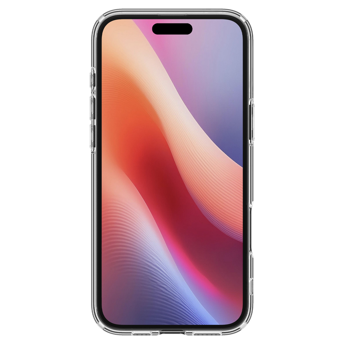Un telefono in una custodia trasparente. Lo schermo del telefono mostra un'immagine astratta colorata.