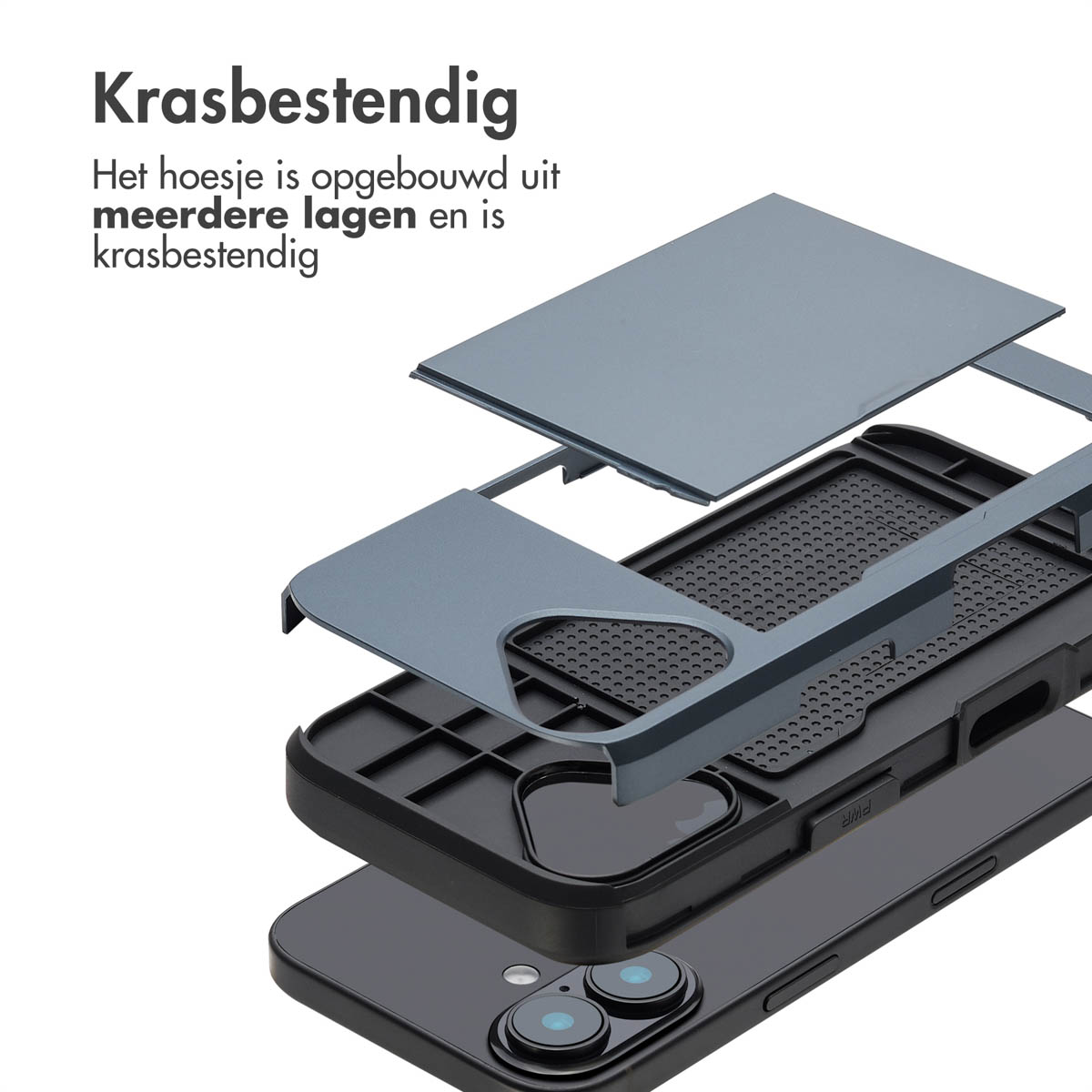 Telefoonhoeslagen in een geëxplodeerde weergave, met tekst en telefoon.