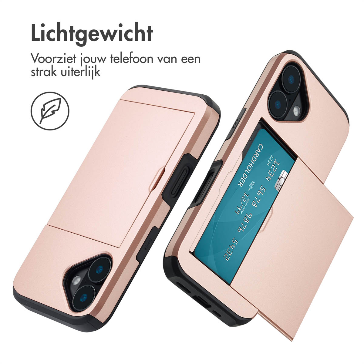 Rosé gouden telefoonhoesjes met kaarthouder, één met een kaart. De hoesjes liggen op een wit oppervlak.