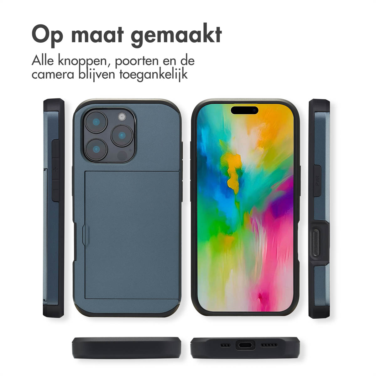 Coque de téléphone avec téléphone à l'intérieur, montrant plusieurs angles. Texte dit "Sur mesure" et "IP16 Pro Max".