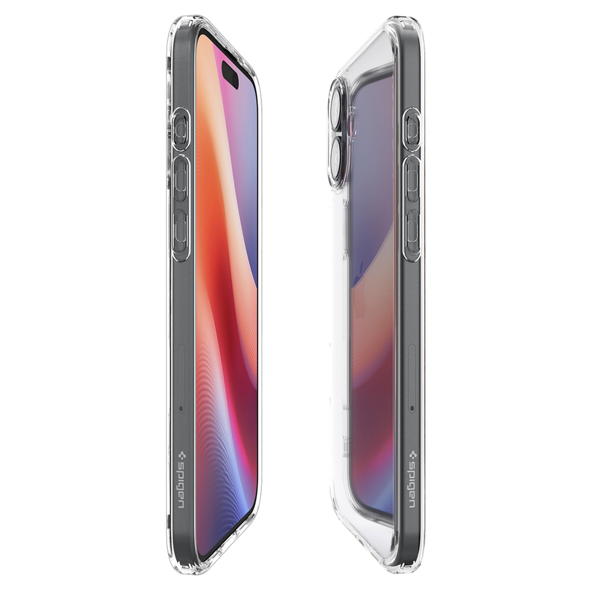Due custodie trasparenti per telefono. Le custodie hanno una cornice grigia e sono su una superficie bianca.