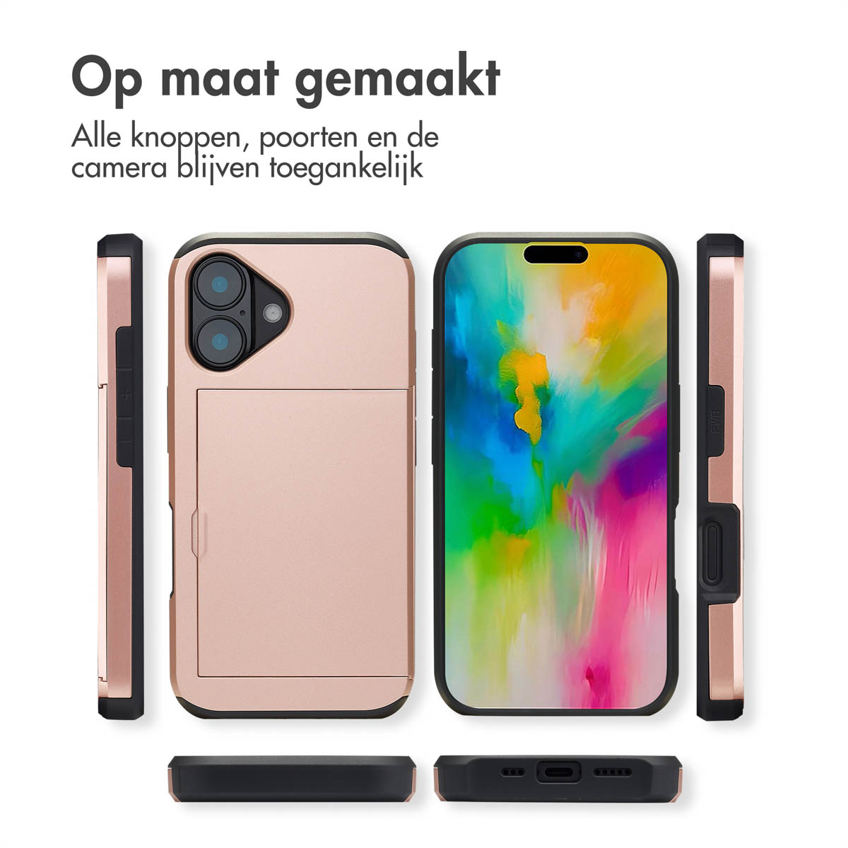 Telefoonhoesje, roze-goudkleurig, met een kaartsleuf aan de achterkant. Verschillende weergaven van de hoes worden getoond.