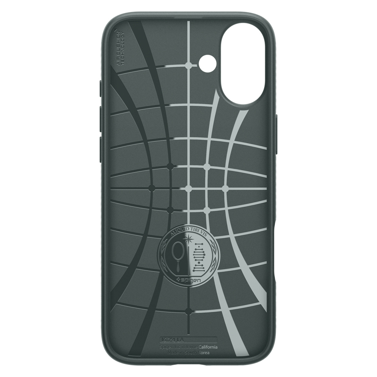 Dark gray phone case interior with a grid pattern and a Spigen logo. The case has a cutout for the camera.