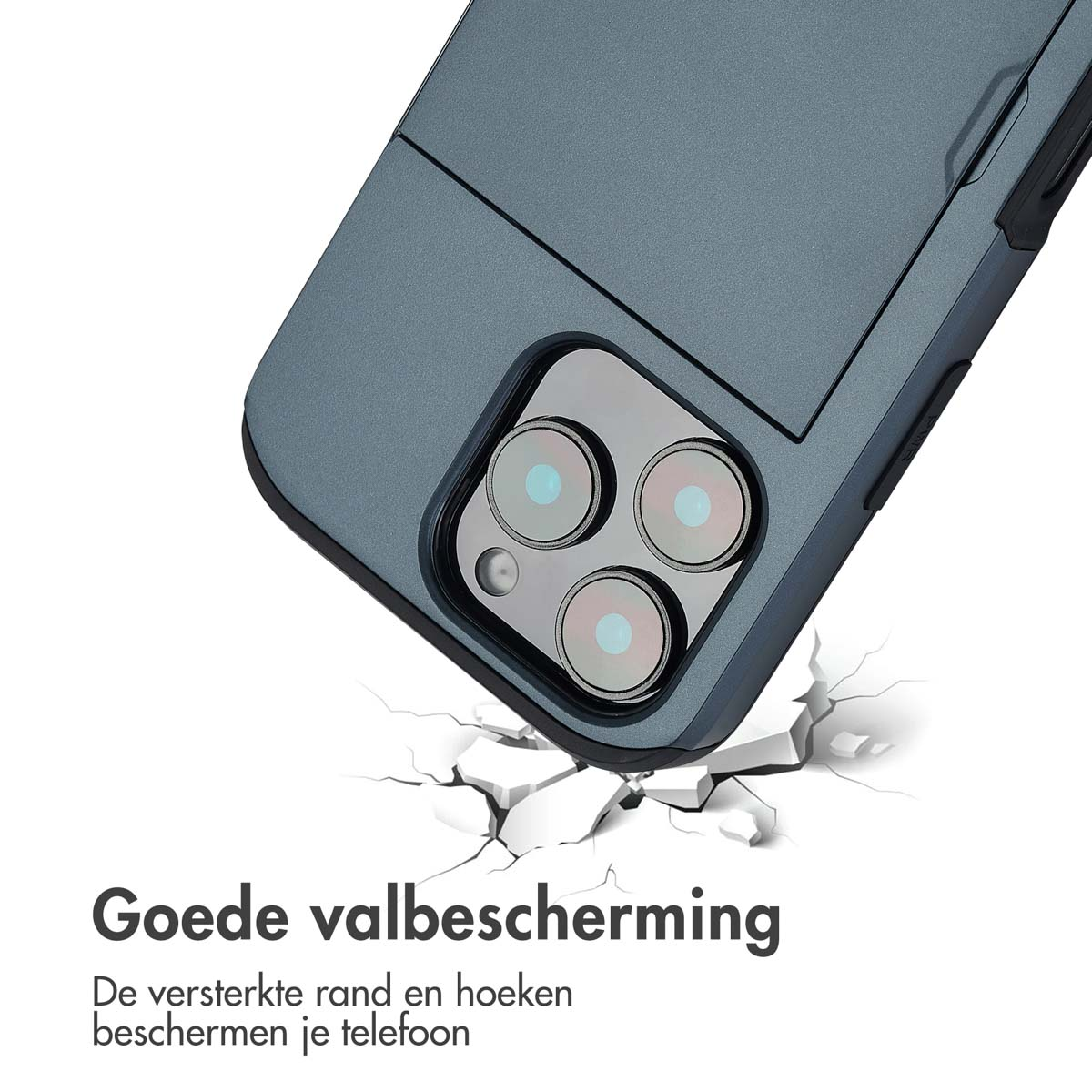 Coque de téléphone avec porte-cartes coulissant. Surface fissurée.