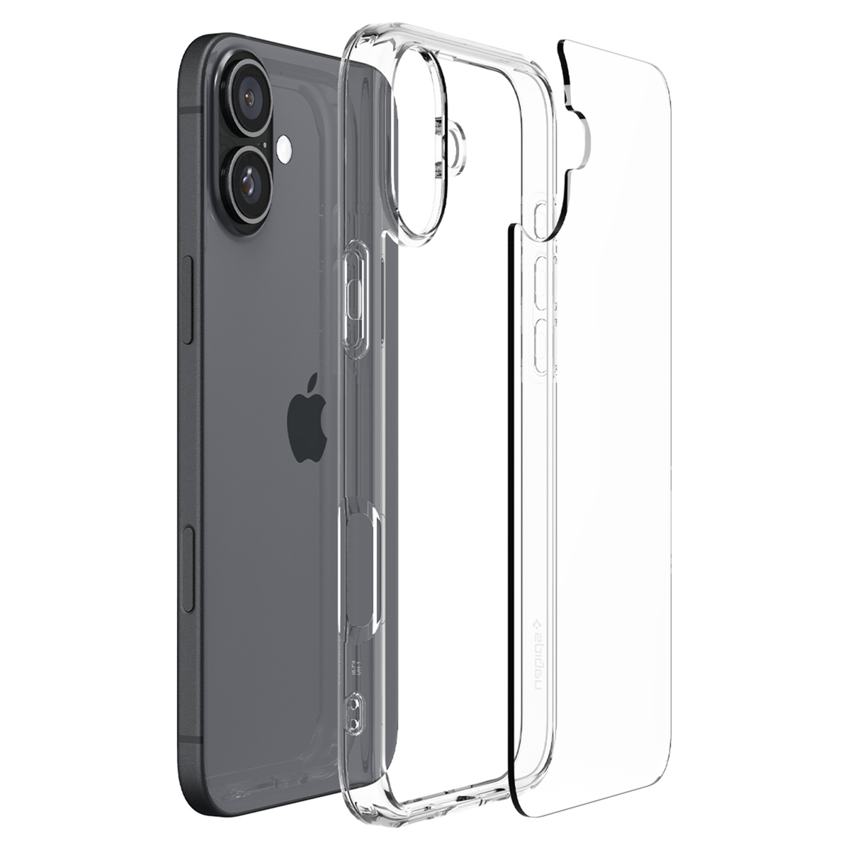 Un iPhone con una custodia trasparente. Una custodia trasparente è sopra il telefono.