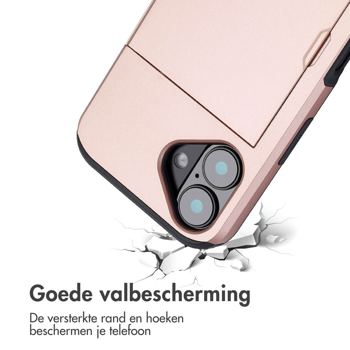 Rosegouden telefoonhoesje. Scheuren rond de telefoon tonen valbescherming.