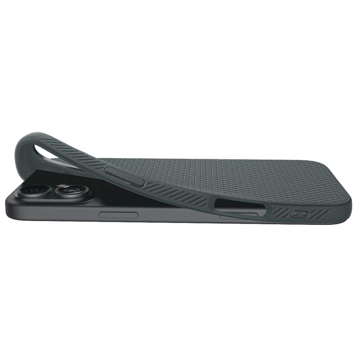Phone case with a textured surface. The case is dark green. A phone is inside.