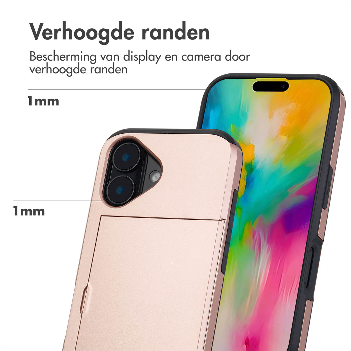 Telefoon met hoesje, toont een telefoonhoesje en telefoon met een kleurrijk scherm.
