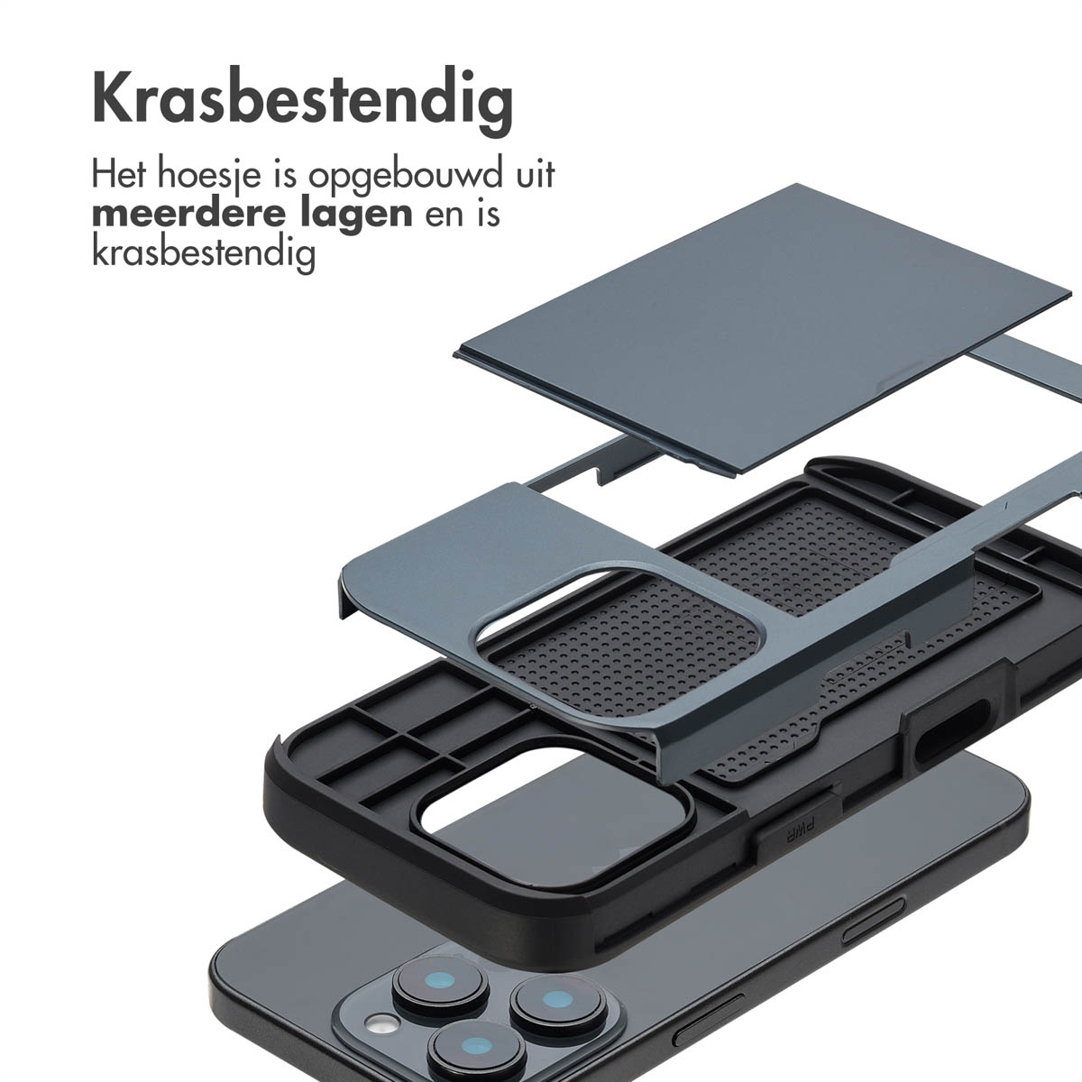 Couches d'étui de téléphone en vue éclatée. Gris et noir, résistant aux rayures.