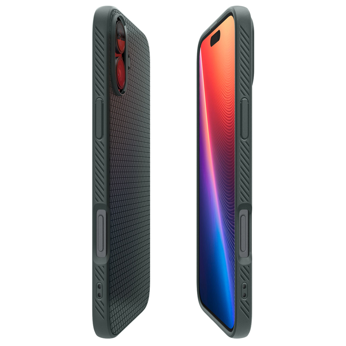 Two phones with cases, one dark green, one with a colorful screen, on a white.